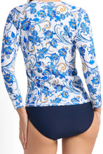 Load image into Gallery viewer, Sunseeker Sicily Long Sleeve Mastectomy Rashie (Blue/White)