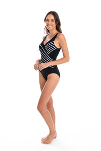 Togs SBO5TH Cross Over Chlorine Resistant One Piece Swimsuit (Black & White)
