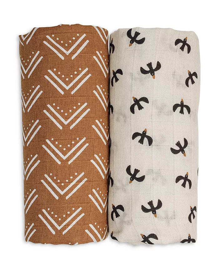 Lulujo Cotton Muslin Swaddles Gift Pack of 2 ( Daisies & Greenery) (Blackbirds & Mudcloth)