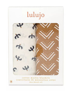 Lulujo Cotton Muslin Swaddles Gift Pack of 2 ( Daisies & Greenery) (Blackbirds & Mudcloth)