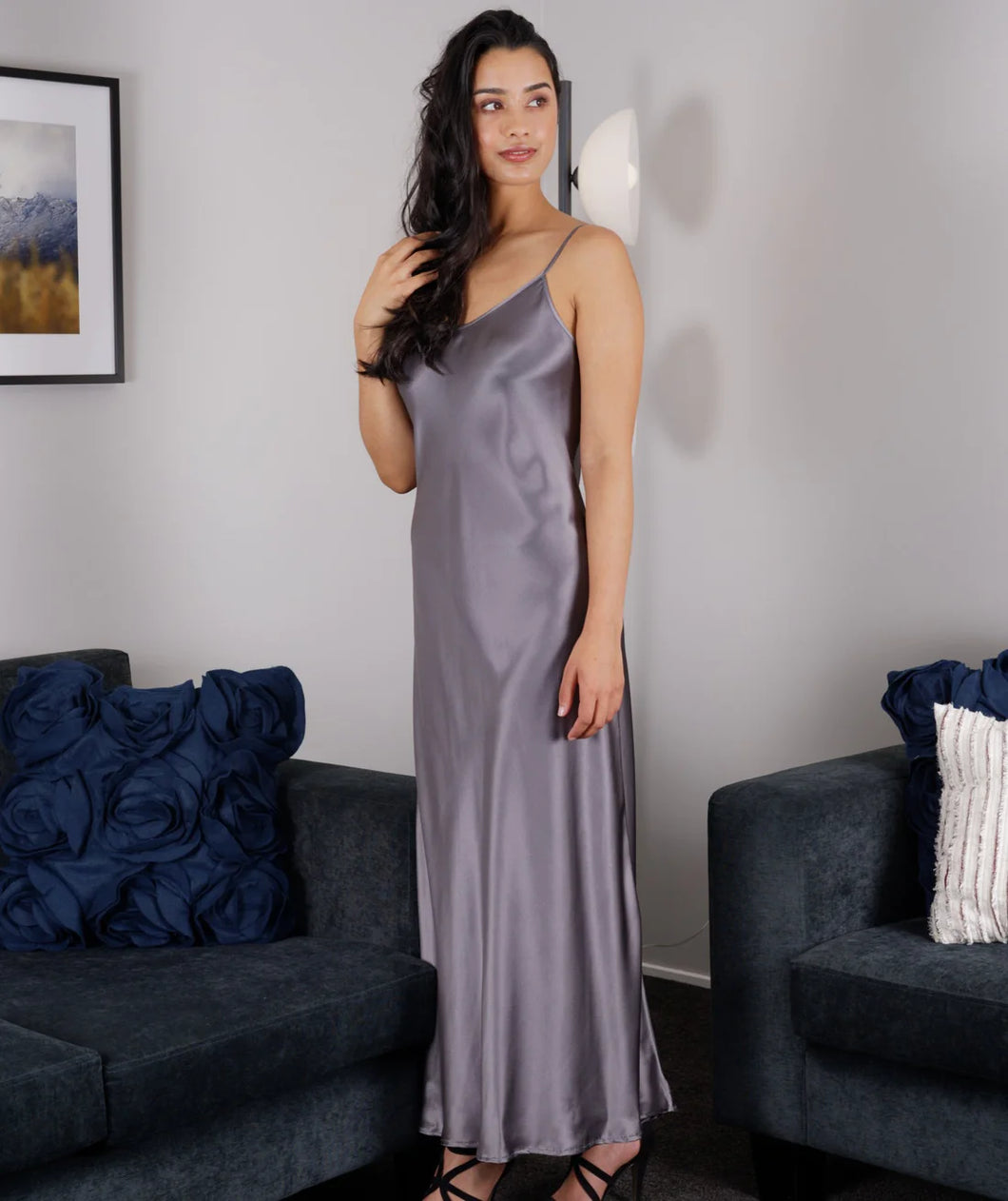 Carmen Kerstein 100% SILK  Long Chemise (Gunmetal)