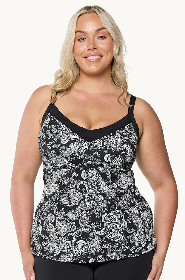 Capriosca Mono Paisley Chlorine Resistant Tankini Top (Black)