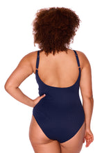 Load image into Gallery viewer, Genevieve CR1 677 CJ Chevron Jacquard Navy Front Wrap One Piece Swimsuit (Navy)
