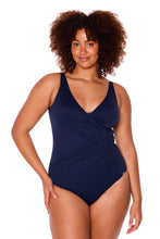 Load image into Gallery viewer, Genevieve CR1 677 CJ Chevron Jacquard Navy Front Wrap One Piece Swimsuit (Navy)
