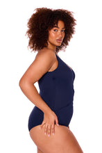 Load image into Gallery viewer, Genevieve CR1 677 CJ Chevron Jacquard Navy Front Wrap One Piece Swimsuit (Navy)
