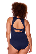 Load image into Gallery viewer, Genevieve CR1 672 CJ Chevron Jacquard High Neck Racer One Piece Swimsuit (Navy)

