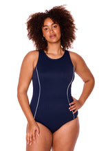 Load image into Gallery viewer, Genevieve CR1 672 CJ Chevron Jacquard High Neck Racer One Piece Swimsuit (Navy)
