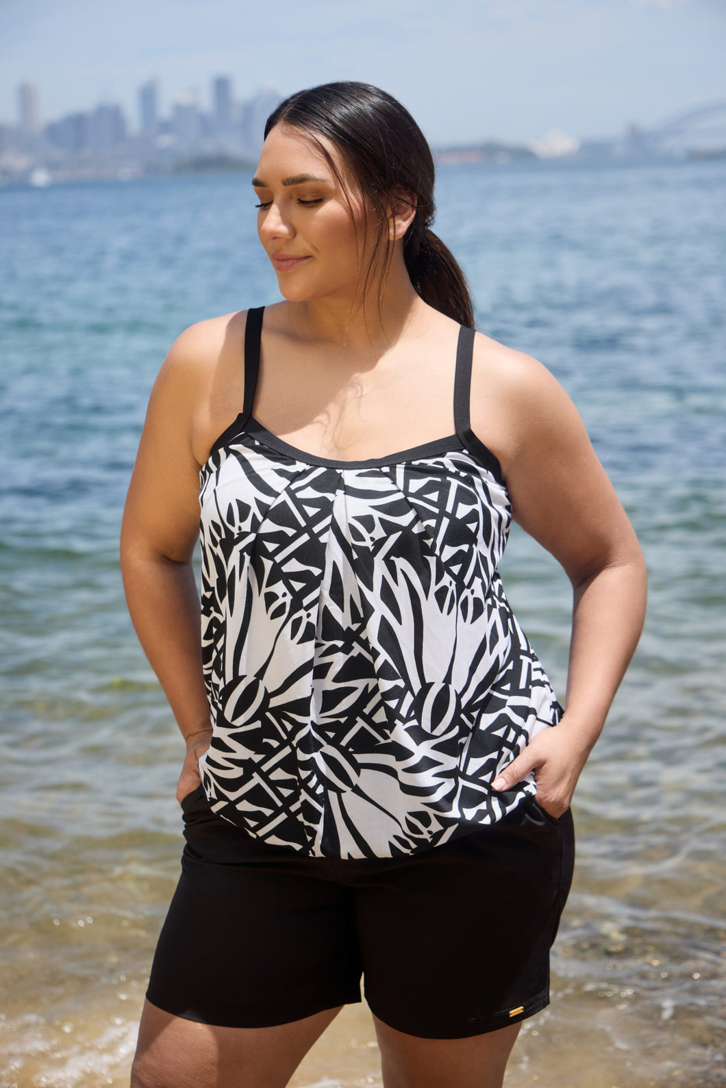 Genevieve Mastectomy Damask Blouson Tankini Top (Black/White)