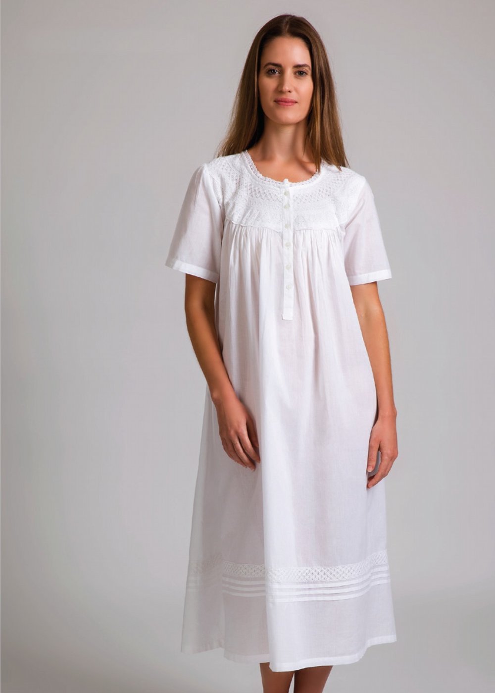 Arabella MD-34SS Cotton Mid Length Nightie (White)