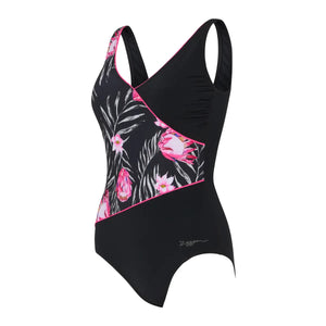 Zoggs Chlorine resistant  Wrap Front Swimsuit Safari Leaf (Black)