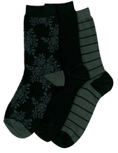 Load image into Gallery viewer, Columbine Floral Stripe Crew Sock, 3-Pack, Black/Grey

