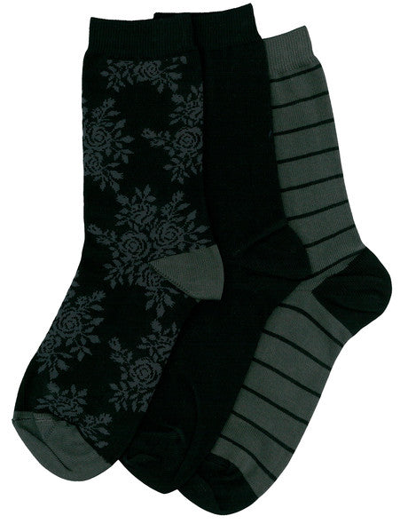 Columbine Floral Stripe Crew Sock, 3-Pack, Black/Grey