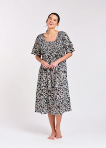 Arabella MD-83K  Shirred Front Nightie With Sleeve Dark Floral