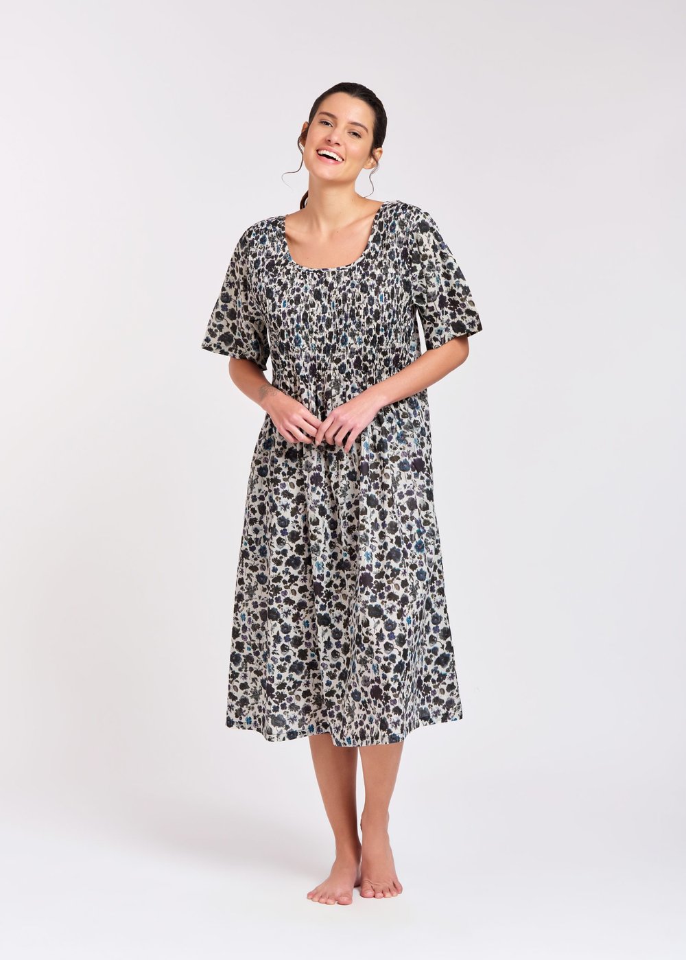 Arabella MD-83K  Shirred Front Nightie With Sleeve Dark Floral